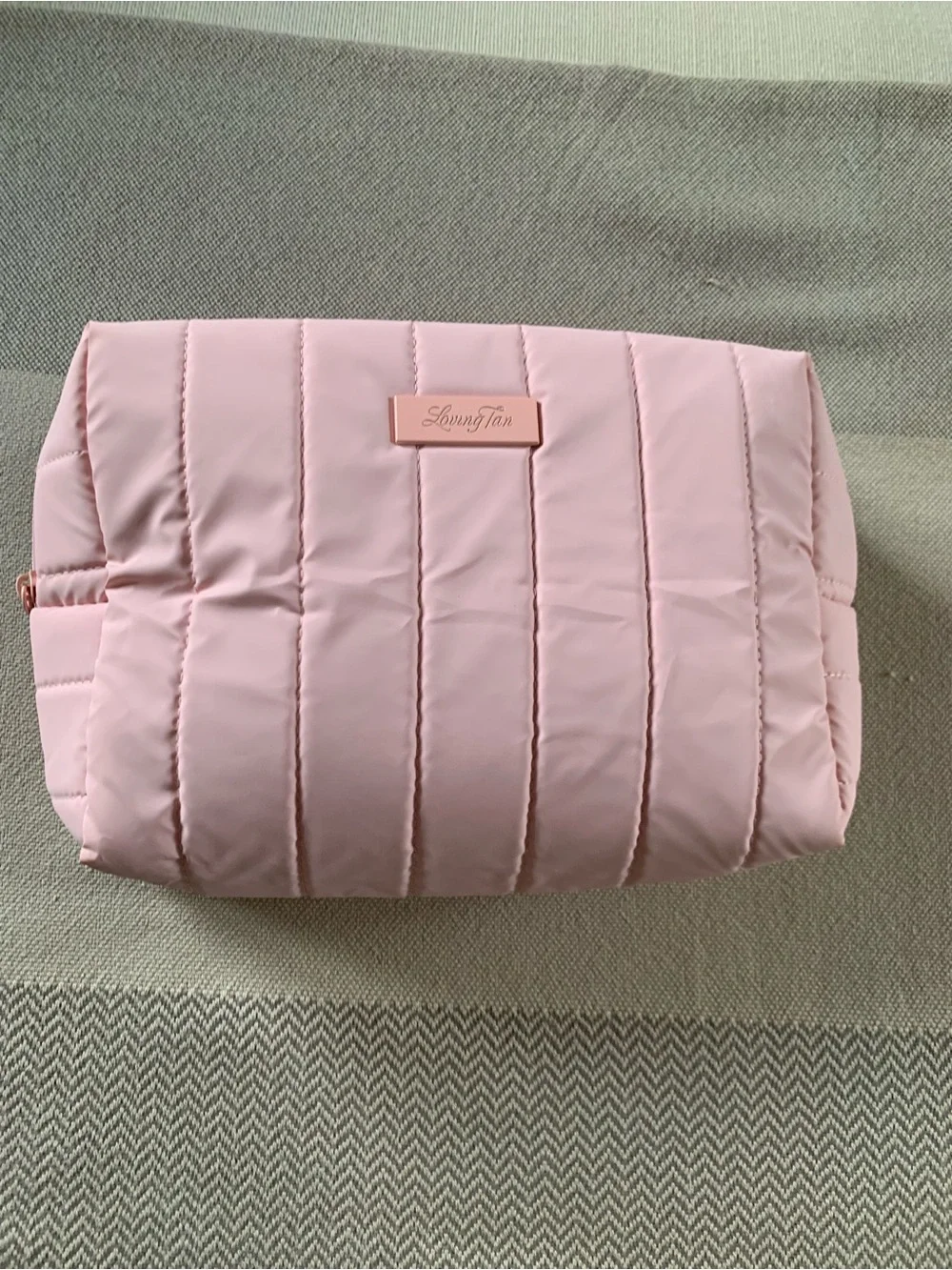 Loving Tan Pink Quilted Travel  Cosmetic Organizer Pouch  8”x8”